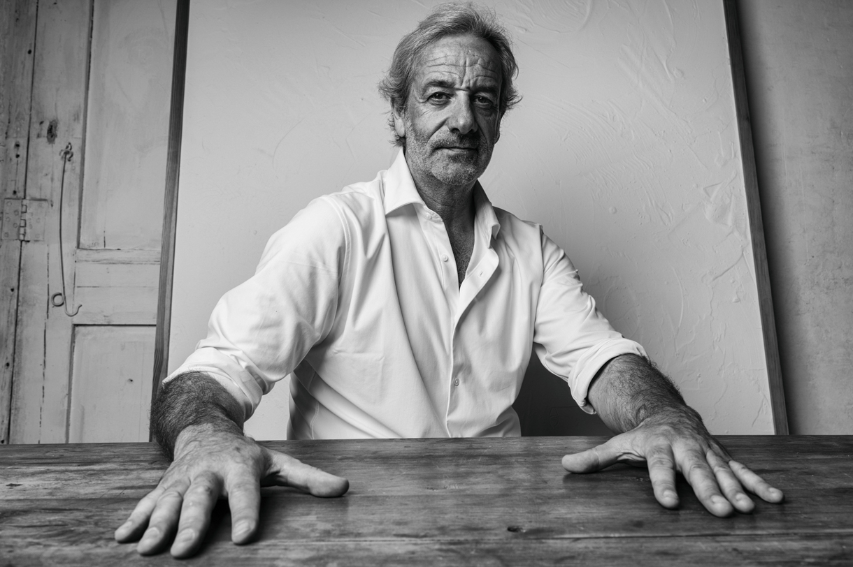 Iñaki Moreno apoyado en una mesa de madera dentro de su taller, en blanco y negro