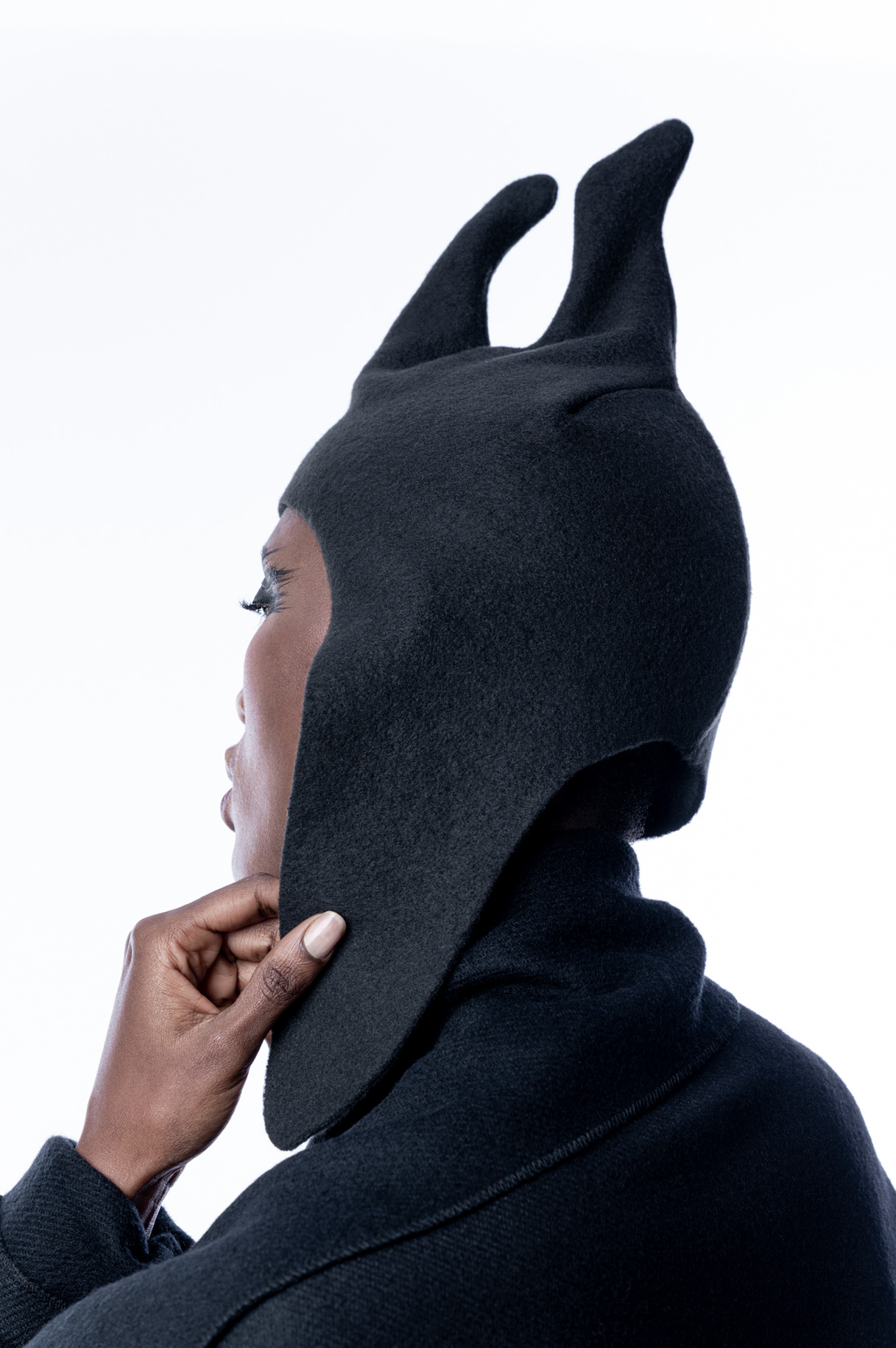 Detail of the black spiked headpiece from the Neu collection